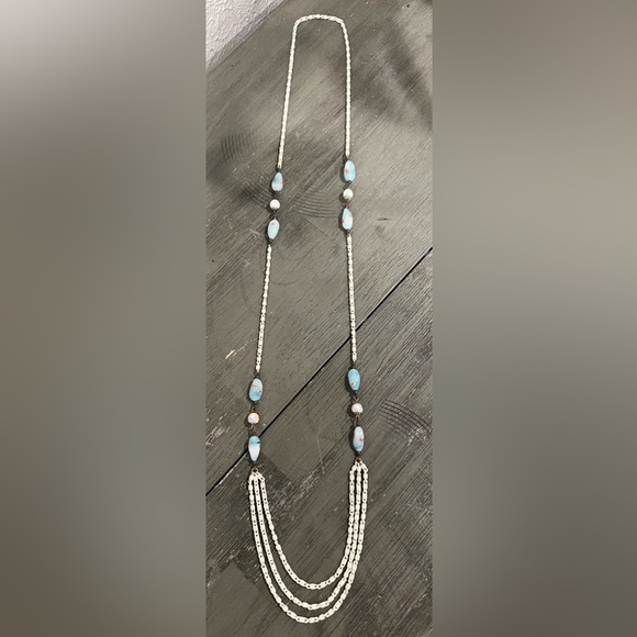 Vintage long white chain with blue long glass floral beads & AB white spacer - Picture 1 of 12